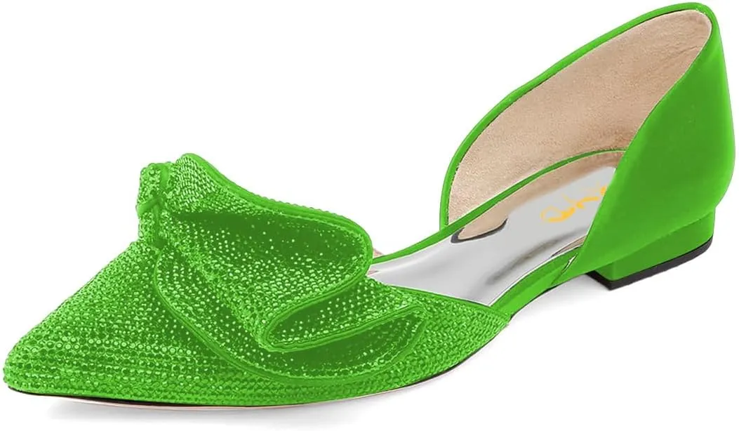 XYD Women Sparkle Pointed Toe Flats D'Orsay Slip On Slides Elegent Folded Bow Silk Satin Wedding Bridal Party Evening Comfort Shoes