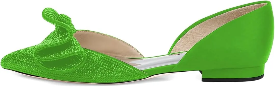 XYD Women Sparkle Pointed Toe Flats D'Orsay Slip On Slides Elegent Folded Bow Silk Satin Wedding Bridal Party Evening Comfort Shoes