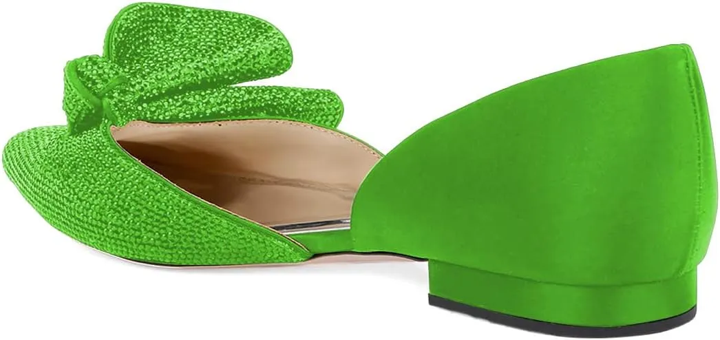 XYD Women Sparkle Pointed Toe Flats D'Orsay Slip On Slides Elegent Folded Bow Silk Satin Wedding Bridal Party Evening Comfort Shoes