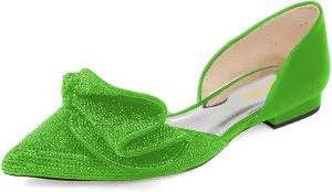 XYD Women Sparkle Pointed Toe Flats D'Orsay Slip On Slides Elegent Folded Bow Silk Satin Wedding Bridal Party Evening Comfort Shoes