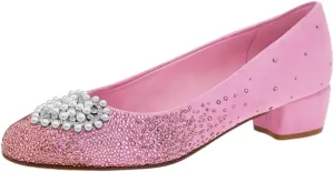 XYD Women Stylish Rhinestones Studs Block Low Heel Pumps Slip On Closed Round Toe Crystal Heart Brooch Sparkling Wedding Evening Shoes
