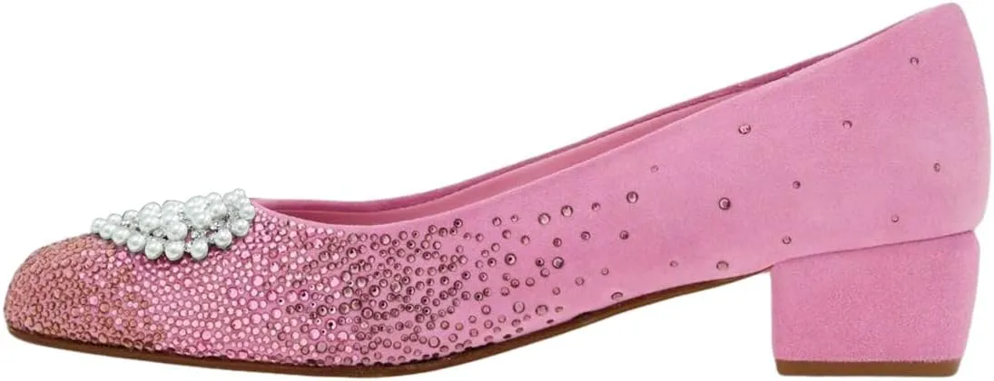 XYD Women Stylish Rhinestones Studs Block Low Heel Pumps Slip On Closed Round Toe Crystal Heart Brooch Sparkling Wedding Evening Shoes