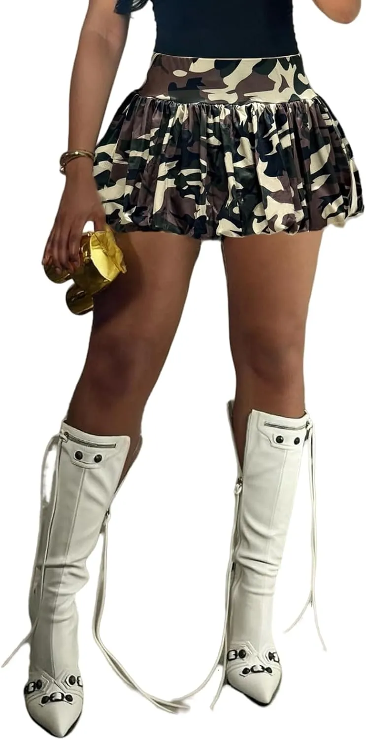 XZLUFNY Women Y2K Bubble Short Skirt Elastic High Waist Pleated Puffy Balloon Mini Skirts
