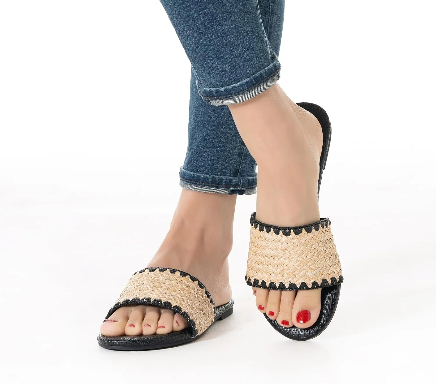YANWENFANG Women's Flat Sandals Braided Bohemian Strap Dressy Summer Beach Black Brown Comfortable Casual Slip On