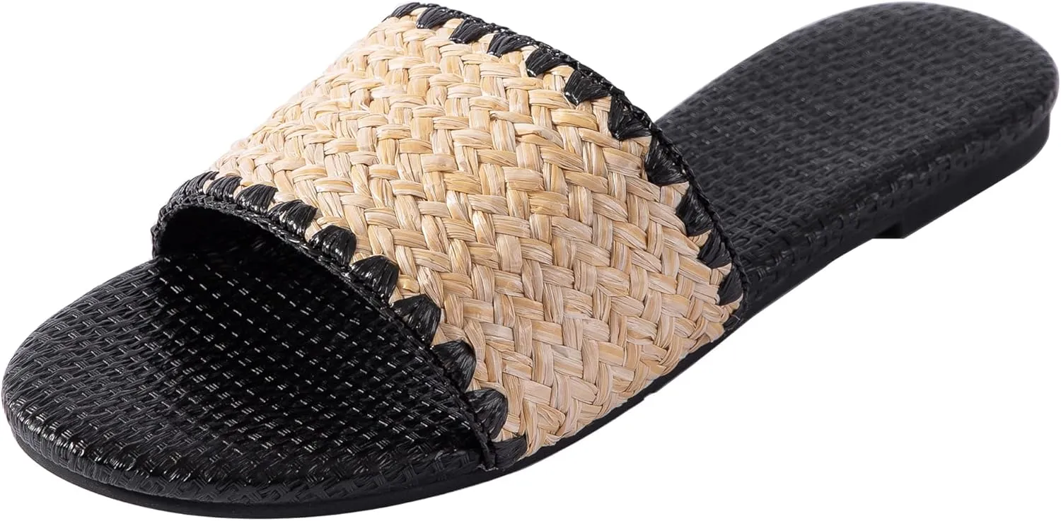 YANWENFANG Women's Flat Sandals Braided Bohemian Strap Dressy Summer Beach Black Brown Comfortable Casual Slip On