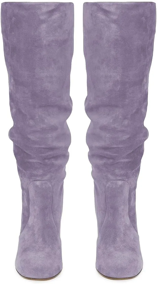 YDN Women Comfort Thigh Knee High Boots Chunky Heels Round Toe Pull On Wide Calf Winter Shoes 4-15 US