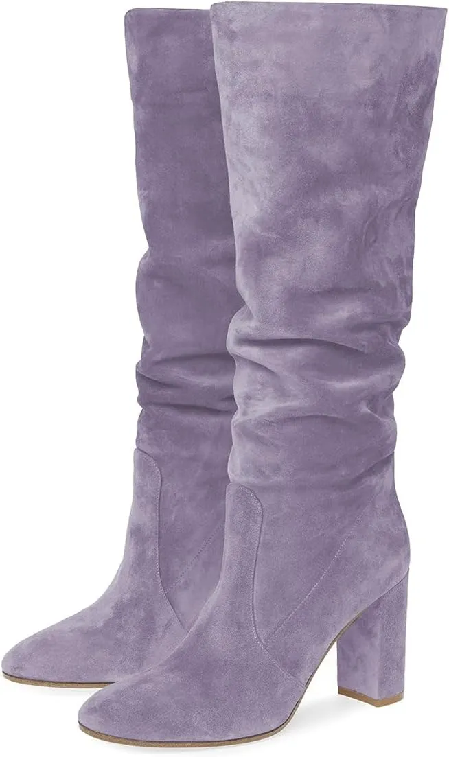 YDN Women Comfort Thigh Knee High Boots Chunky Heels Round Toe Pull On Wide Calf Winter Shoes 4-15 US