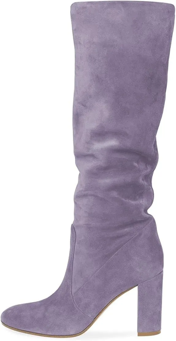 YDN Women Comfort Thigh Knee High Boots Chunky Heels Round Toe Pull On Wide Calf Winter Shoes 4-15 US