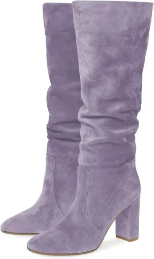 YDN Women Comfort Thigh Knee High Boots Chunky Heels Round Toe Pull On Wide Calf Winter Shoes 4-15 US