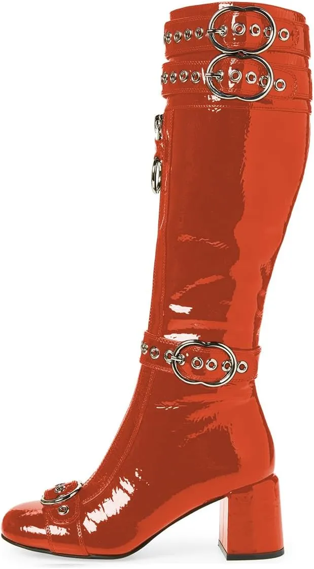 YDN Women Sexy Knee High Boots Round Toe Buckle Strap Block Mid Heels Zippers Shoes Party Dating Daily Size 4-16 US