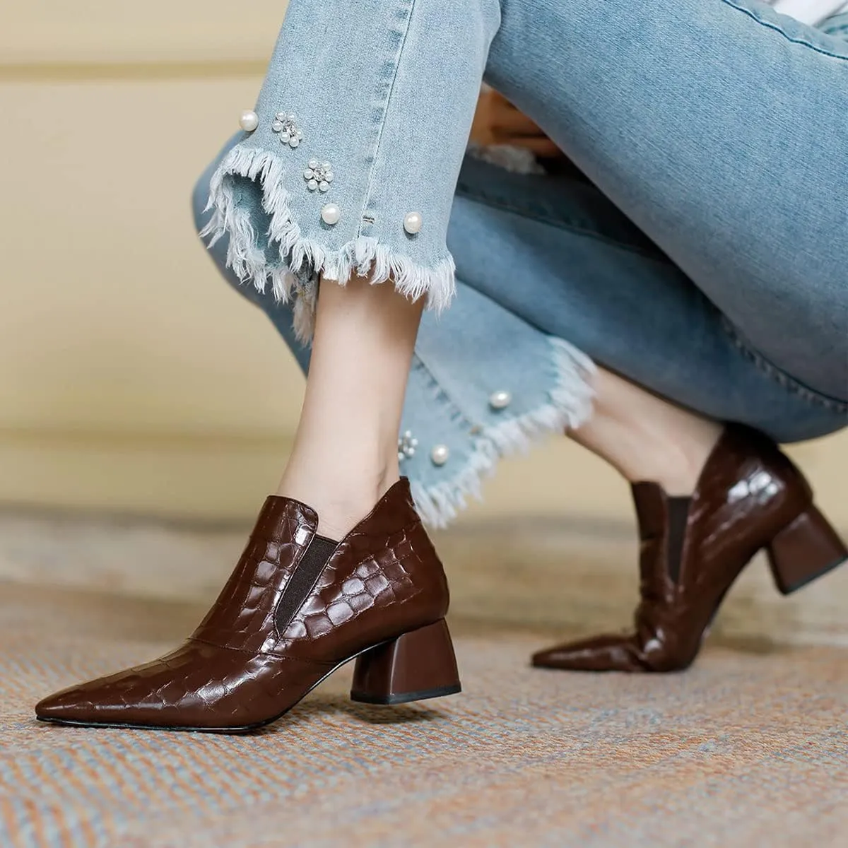 YDN Women Sexy Pointed Toe Ankle Boots Chunky Low Heel Booties Pull on Elastic Party Outddor Shoe Size 4-16 US