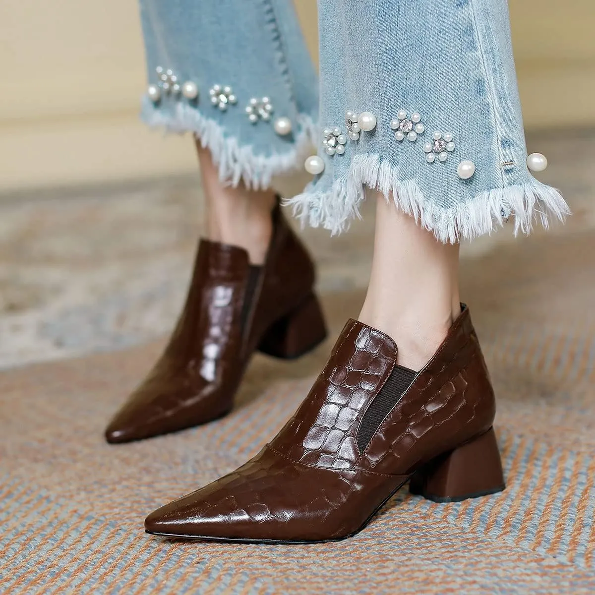 YDN Women Sexy Pointed Toe Ankle Boots Chunky Low Heel Booties Pull on Elastic Party Outddor Shoe Size 4-16 US