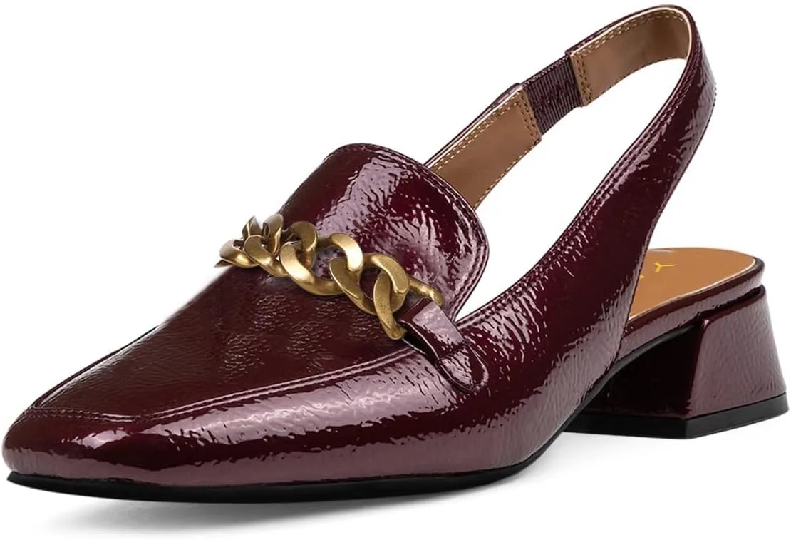 YDN Women's Chic Square Toe Chunky Heel Loafers Block Low Heels Chain Strap Elastic Slingback Pumps Formal Dressy Daily Shoes Size 4-16 US