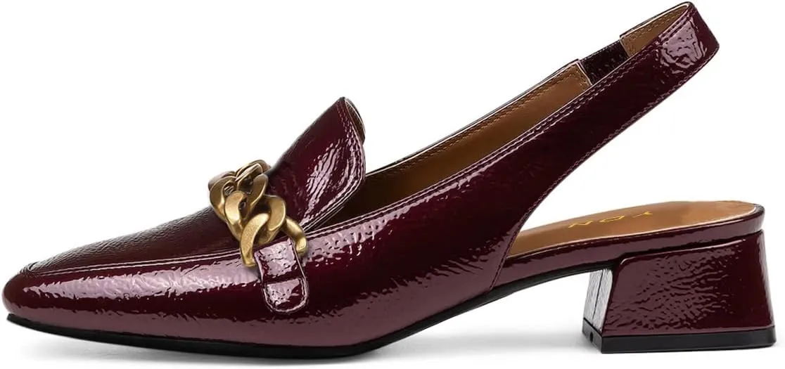 YDN Women's Chic Square Toe Chunky Heel Loafers Block Low Heels Chain Strap Elastic Slingback Pumps Formal Dressy Daily Shoes Size 4-16 US