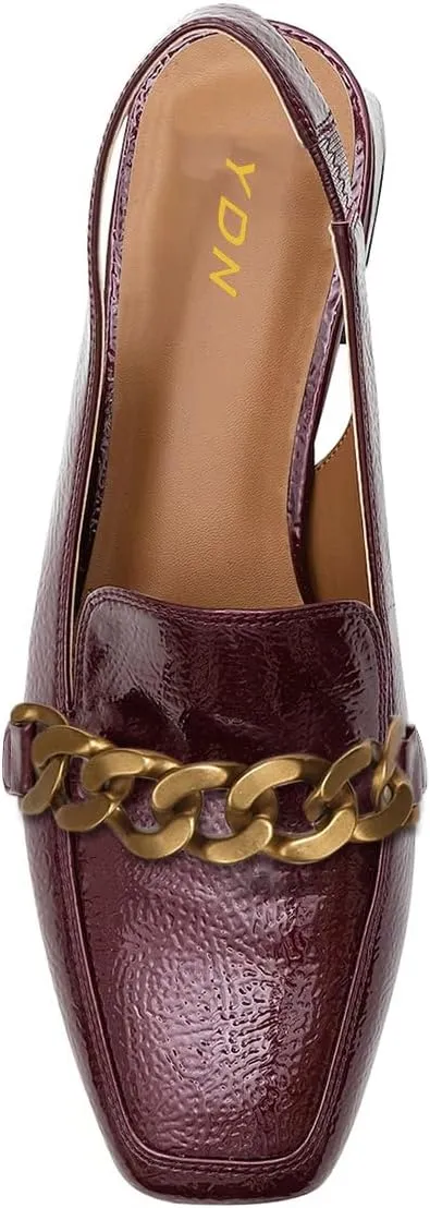 YDN Women's Chic Square Toe Chunky Heel Loafers Block Low Heels Chain Strap Elastic Slingback Pumps Formal Dressy Daily Shoes Size 4-16 US