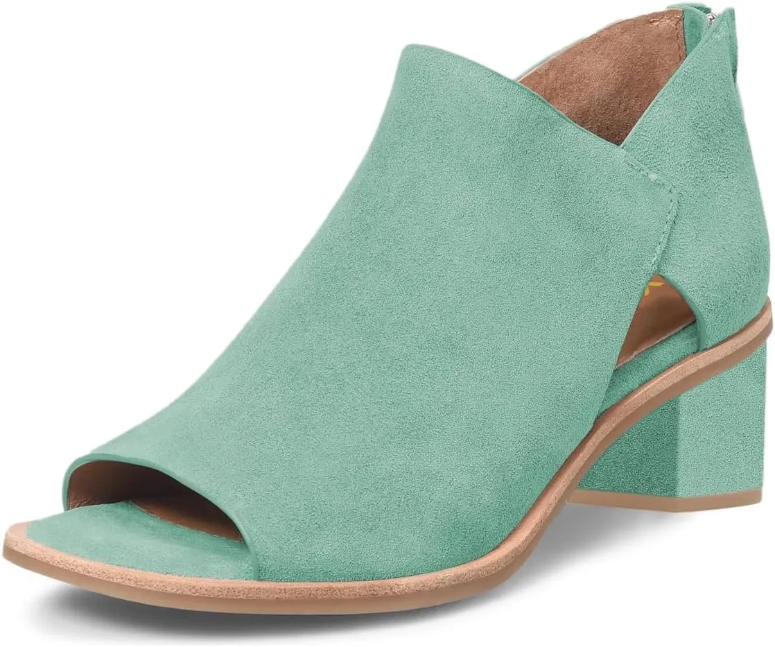 YDN Women's Peep Toe Booties Low Chunky Block Heels Back Zipper Sandal Ankle Boots Comfy Dress Daily Shoes Size 4-16 US