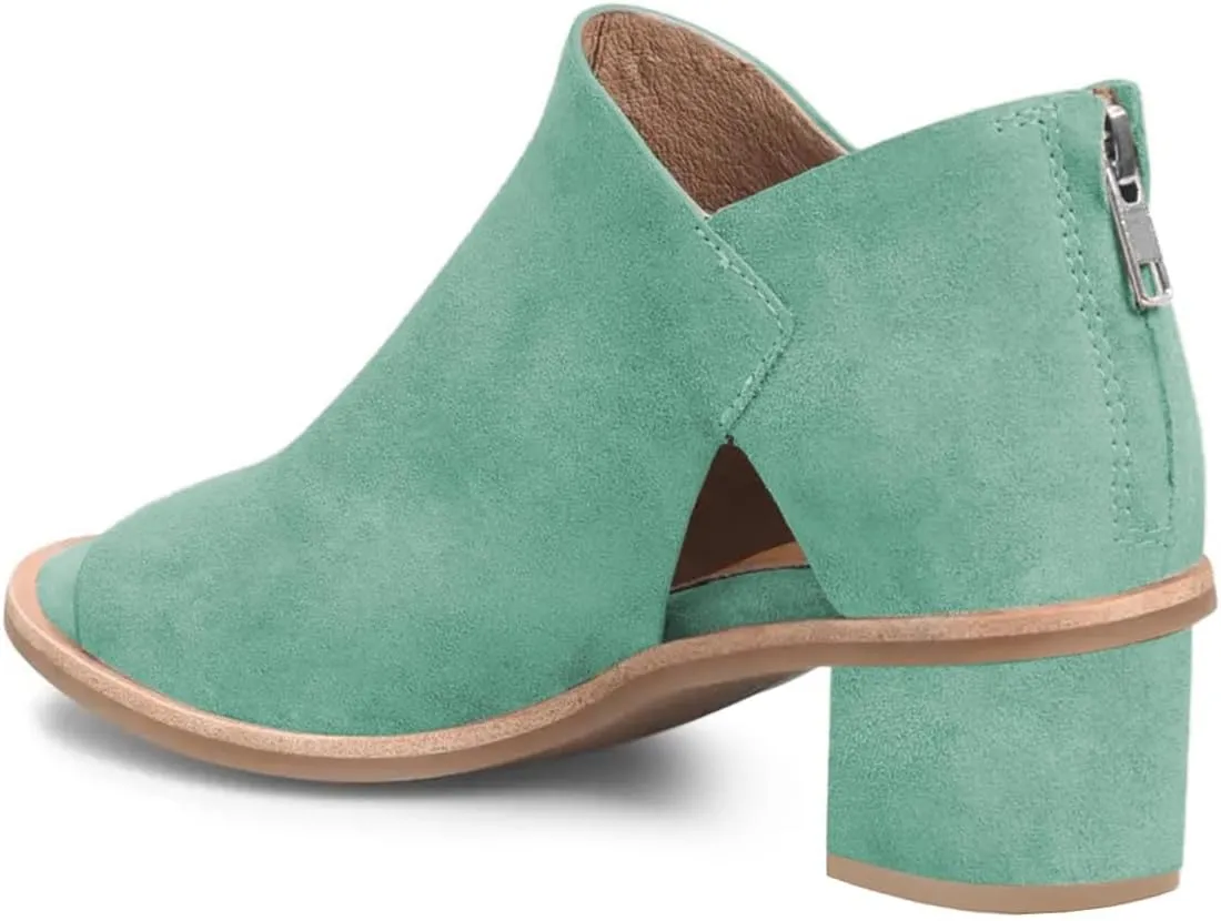 YDN Women's Peep Toe Booties Low Chunky Block Heels Back Zipper Sandal Ankle Boots Comfy Dress Daily Shoes Size 4-16 US