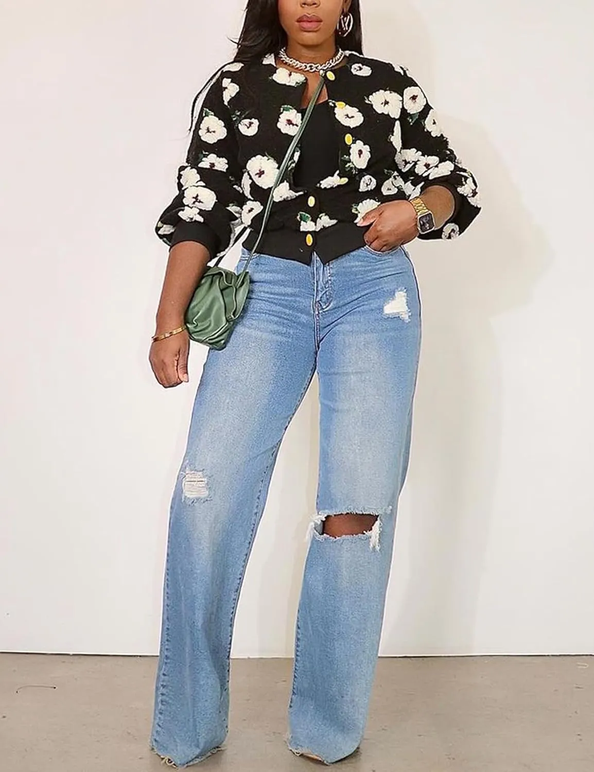 Yimoon Womens Cropped Floral Print Jacket Puff Sleeve Fleece Bomber Jacket Button Down Fall Winter Warm Outerwear