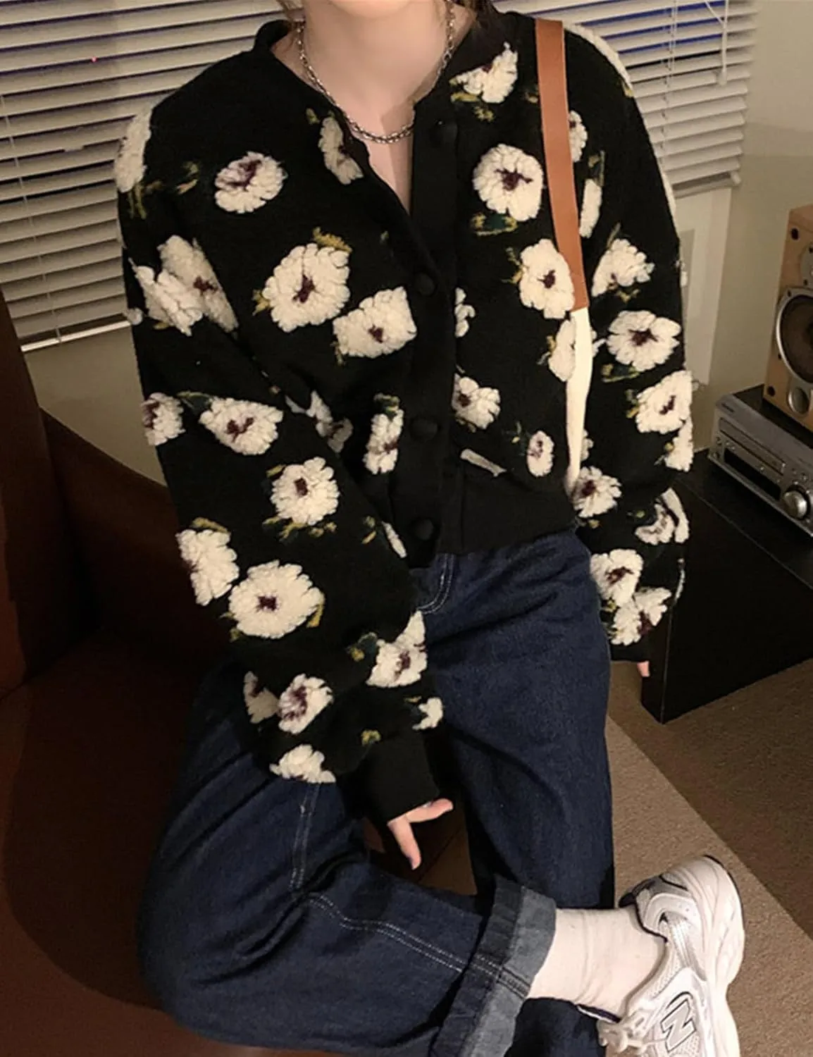 Yimoon Womens Cropped Floral Print Jacket Puff Sleeve Fleece Bomber Jacket Button Down Fall Winter Warm Outerwear