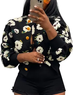 Yimoon Womens Cropped Floral Print Jacket Puff Sleeve Fleece Bomber Jacket Button Down Fall Winter Warm Outerwear