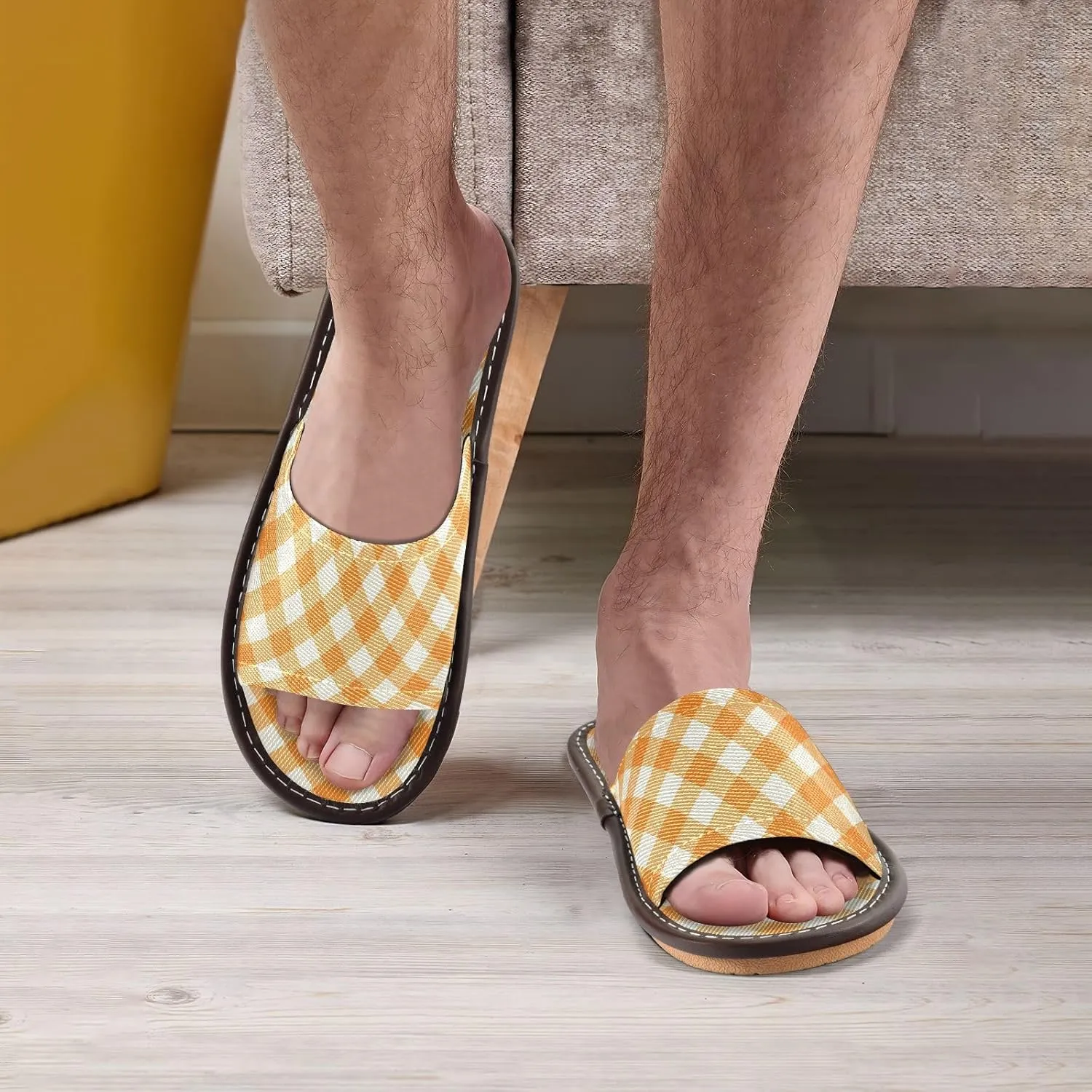 Yuiboo Orange Gingham Womens House Slippers Washable Slides Sandals for Bedroom Indoor Indoor