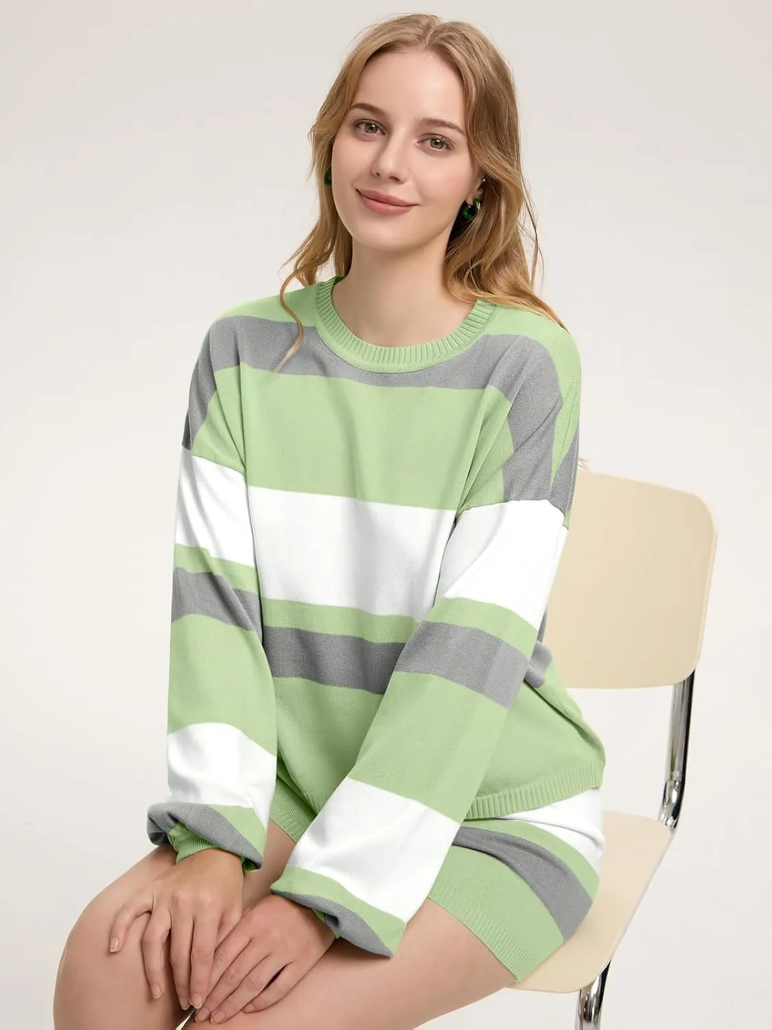 ZANZEA 2 Piece Lounge Sets for Women Knit Long Sleeve Pullover Tops and Short Sets Strip Vacation Outfits Casual Sweater Sets