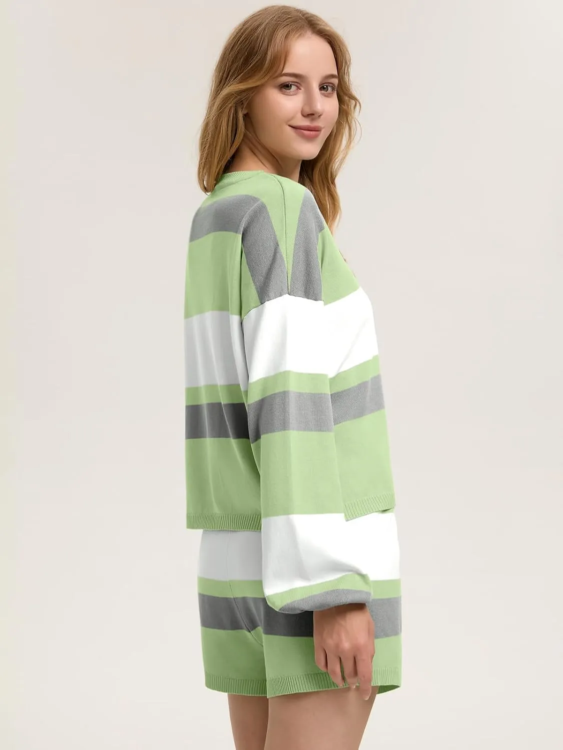 ZANZEA 2 Piece Lounge Sets for Women Knit Long Sleeve Pullover Tops and Short Sets Strip Vacation Outfits Casual Sweater Sets