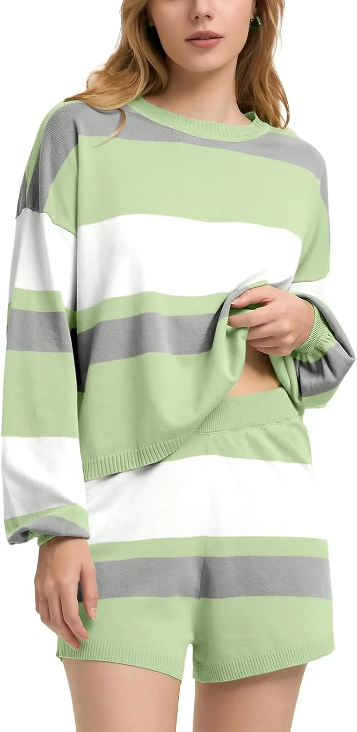 ZANZEA 2 Piece Lounge Sets for Women Knit Long Sleeve Pullover Tops and Short Sets Strip Vacation Outfits Casual Sweater Sets