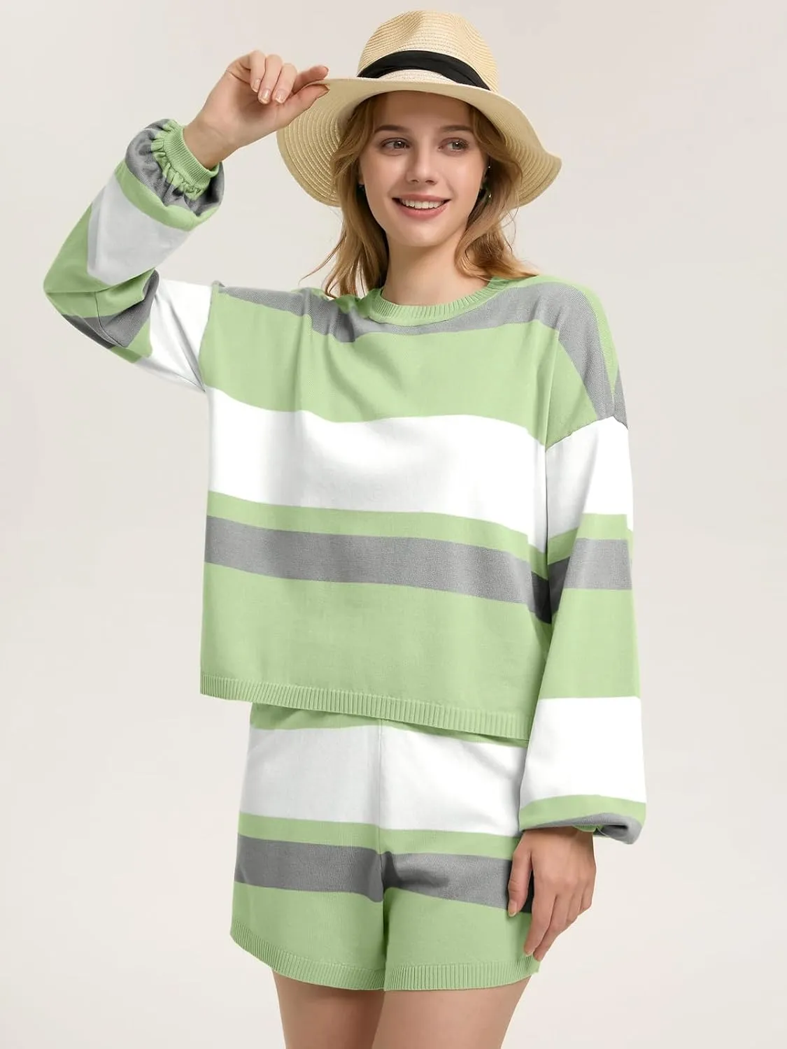ZANZEA 2 Piece Lounge Sets for Women Knit Long Sleeve Pullover Tops and Short Sets Strip Vacation Outfits Casual Sweater Sets