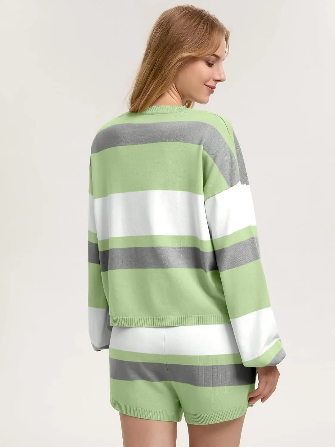 ZANZEA 2 Piece Lounge Sets for Women Knit Long Sleeve Pullover Tops and Short Sets Strip Vacation Outfits Casual Sweater Sets