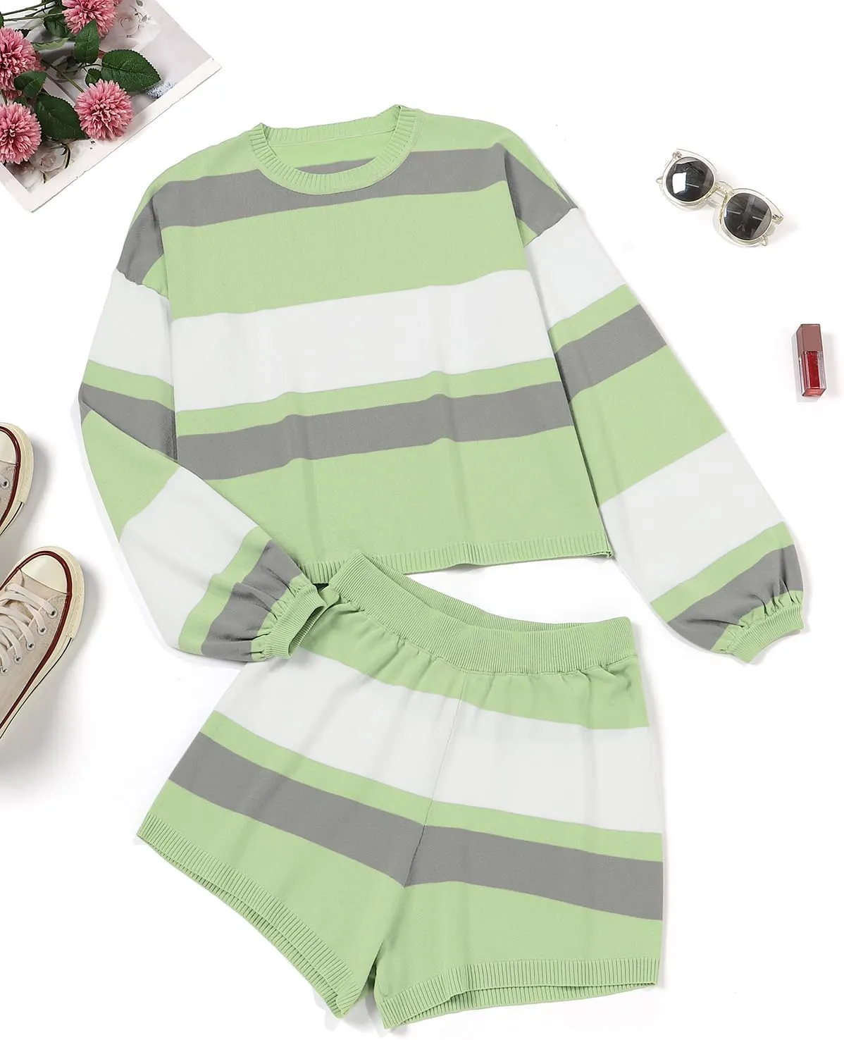 ZANZEA 2 Piece Lounge Sets for Women Knit Long Sleeve Pullover Tops and Short Sets Strip Vacation Outfits Casual Sweater Sets