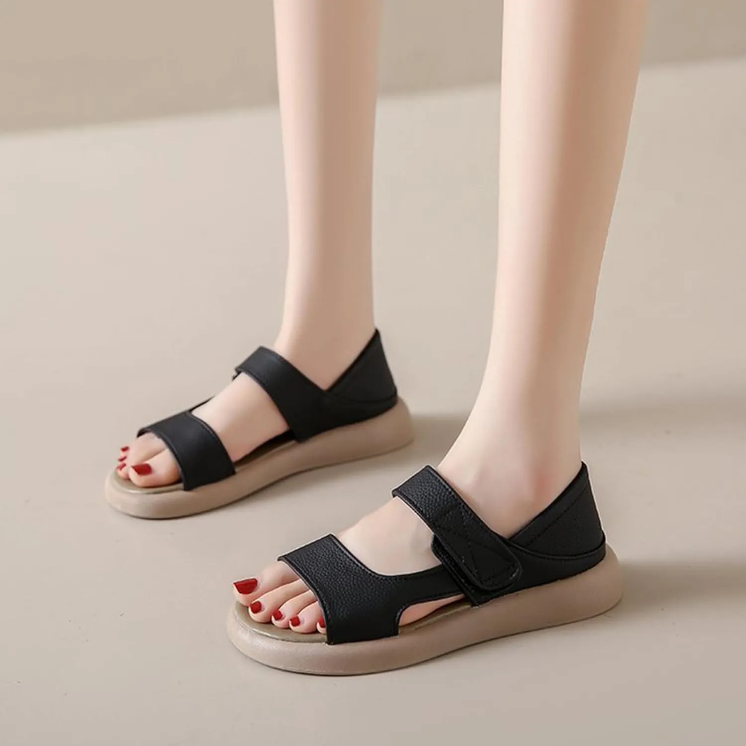 Zeberfi Women's Leather Hook & Loop Platforms Sandals Fashion Open Round Toe Soft Sole Slip On Casual Sandals Summer Comfortable Lightweight Walking Flat Sandals Shoes