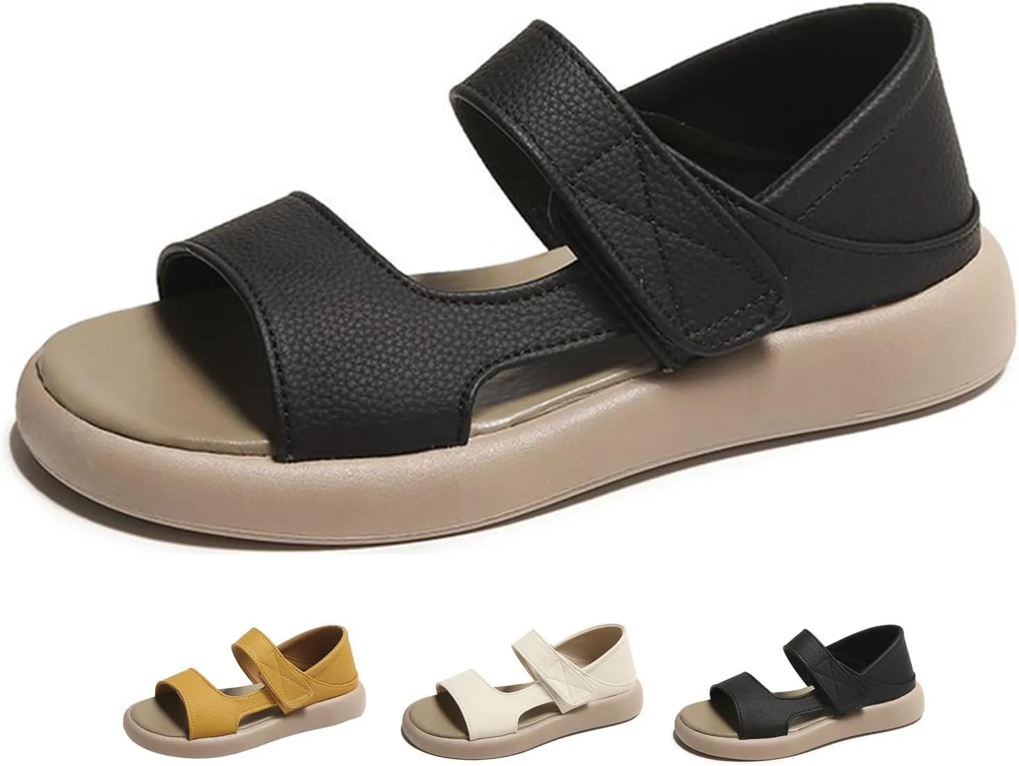 Zeberfi Women's Leather Hook & Loop Platforms Sandals Fashion Open Round Toe Soft Sole Slip On Casual Sandals Summer Comfortable Lightweight Walking Flat Sandals Shoes