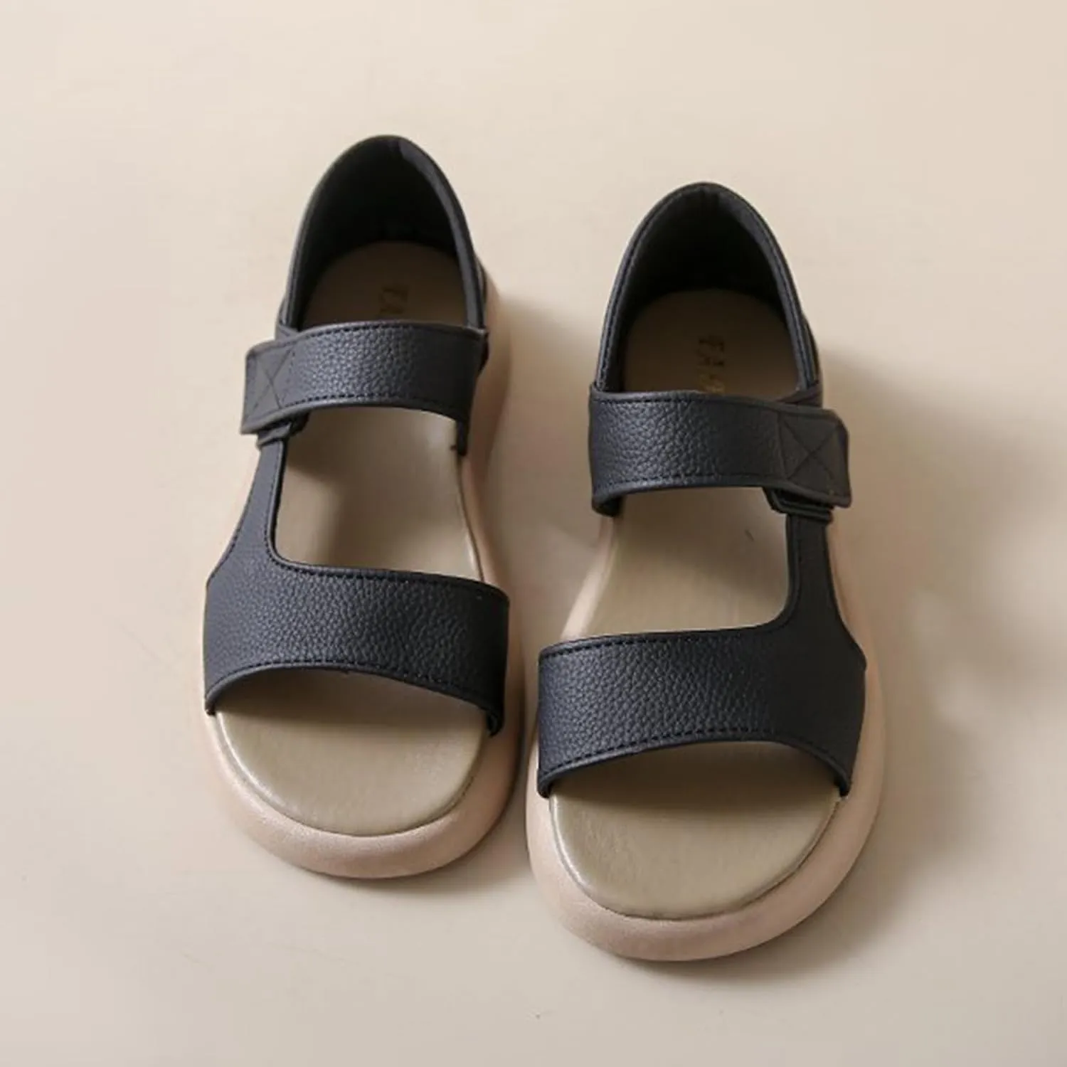 Zeberfi Women's Leather Hook & Loop Platforms Sandals Fashion Open Round Toe Soft Sole Slip On Casual Sandals Summer Comfortable Lightweight Walking Flat Sandals Shoes