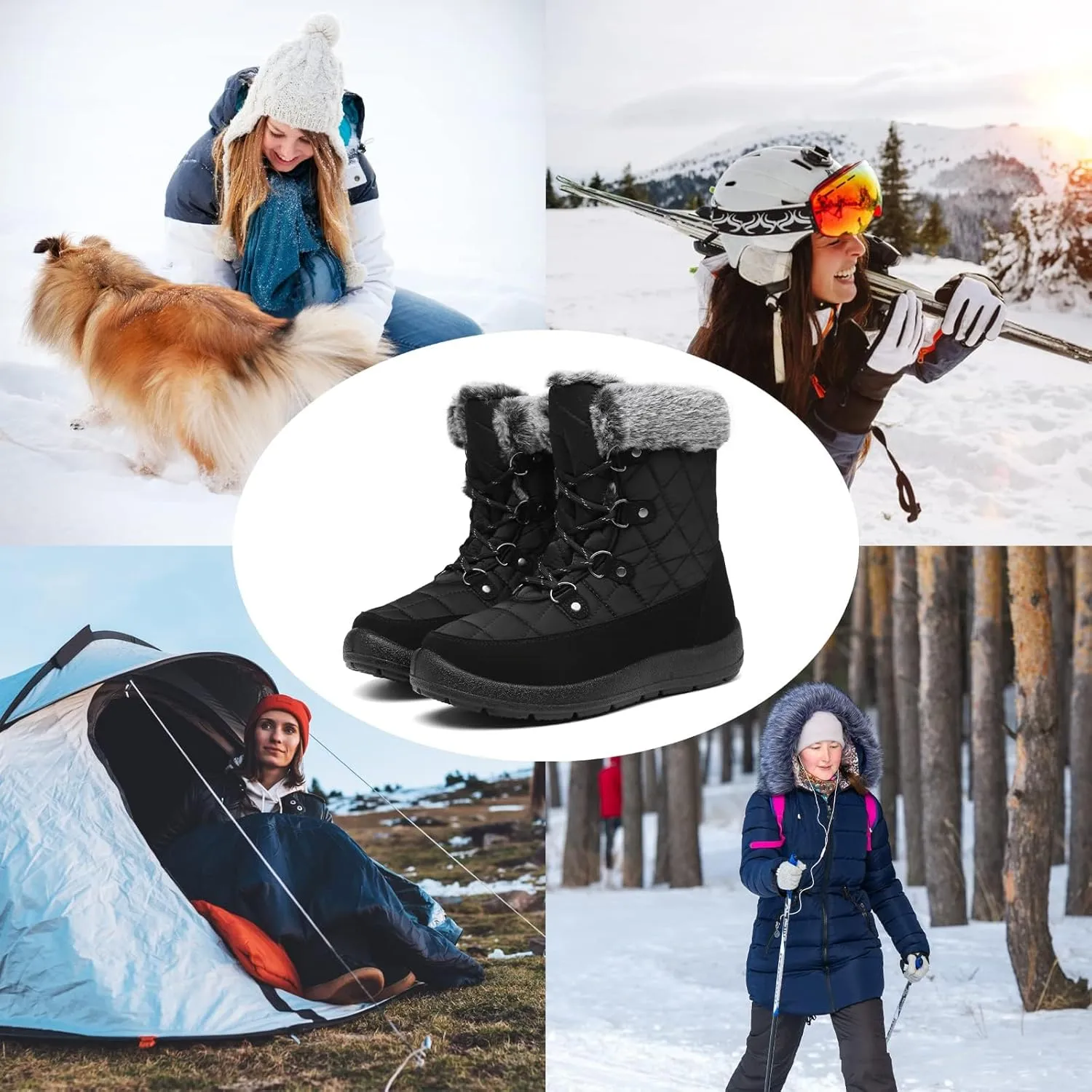 ZEENXIUYA Snow Boots Women Fashion Warm Waterproof Winter Lace-Up Ankle Boots Comfortable Thickened Warm Faux Fleece Lining Outdoor
